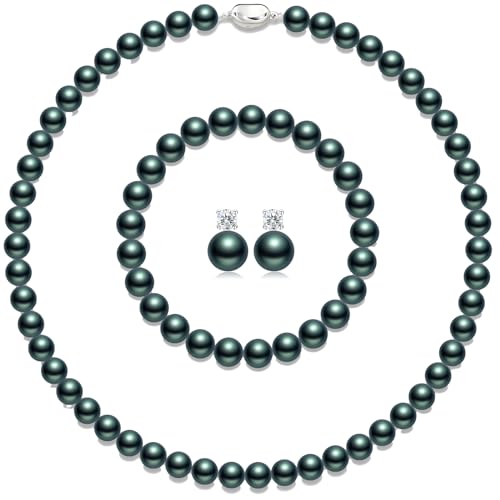 Pttozan Pearl Necklaces for Women,8mm Green Pearl Necklace and Earring Bracelet Jewelry Set for Women Men Wedding Birthday Valentine Christmas Day Gifts