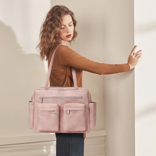 Image of KALIDI Tote Bag Vegan Leather Women Pocket Utility Bag Faux Leather Shoulder Travel Purse Vintage Handbag for Work