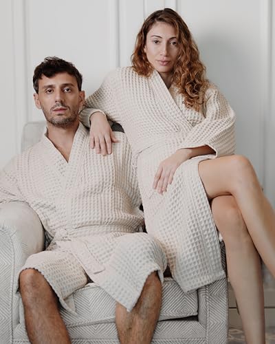 100% Cotton Waffle Kimono Bathrobe for Men & Women, Cozy Leisurewear with Functional Pockets, Comfortable Robe for Relaxation3