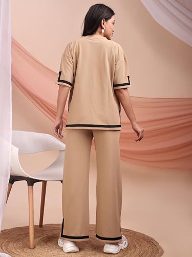 Image of ELLITI Women's Co-ord Set, Down Short Sleeve Top and Wide Leg Trousers with White Trim
