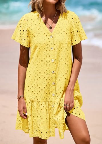 Image of KIRUNDO Eyelet Dresses for Women Button Down Mini Babydoll