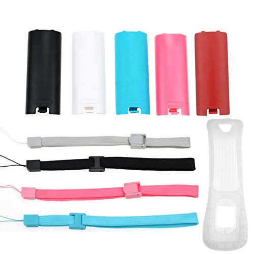 Custodia colorata per controller di gioco per la porta posteriore della batteria + cinturino + custodia protettiva silicone morbido per Nintendo Wii Remote Replaceme bianco
