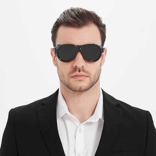 Retro Aviator Steampunk Polarized Sunglasses with Leather Side Shield Vintage Goggles Gothic Eyewear for Men Women3