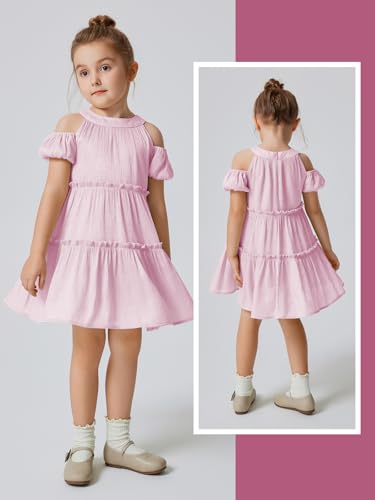 Quedoris Girls Halter Neck Crinkle Dress Puff Sleeve Off Shoulder A-line Tiered Swing Party Casual Dress with Zipper4
