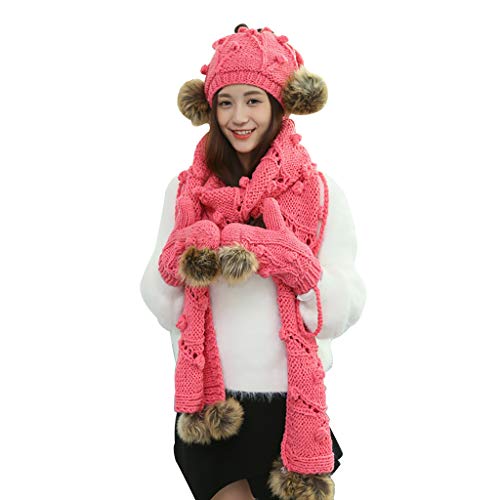 FANGFA Bonnet Echarpe Épaississement Maintien au Chaud Automne Hiver Ensemble 3 pièces Femme Rose Cover