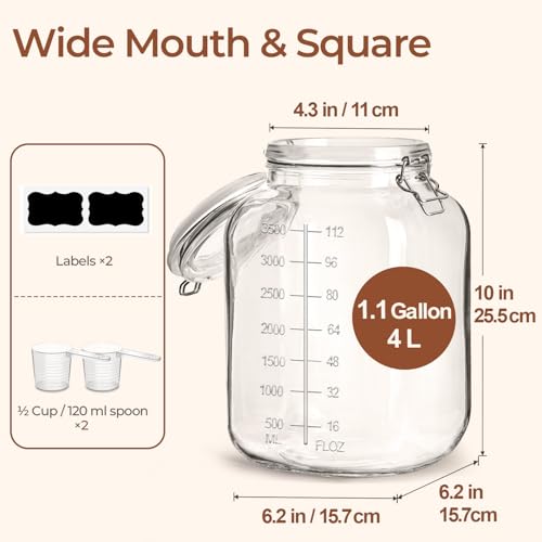 Image of ComSaf Large Square Glass Food Jars 1.1 Gallon 2 Pack for Flour Sugar Rice | Airtight wire clamp lids, two 120 ml scoops, two labels and 4.3-inch extra-wide mouth, cereal and bulk pantry goods storage