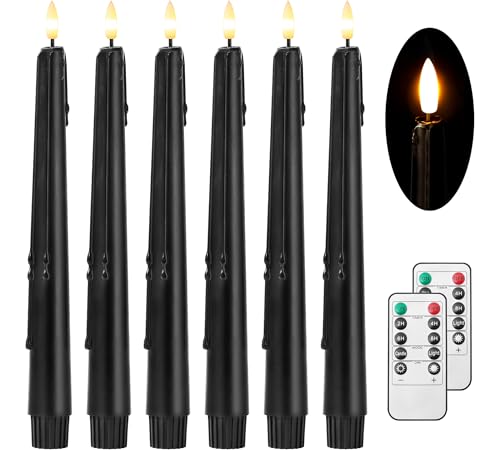 Image of Stmarry Black Flameless Taper Candles with Remote and Timer - 9.65 Inch Real Wax LED Candlesticks - Wax Drip Battery Operated Halloween Taper Candles with 3D Flickering Flame Halloween Decor, 6 Pack