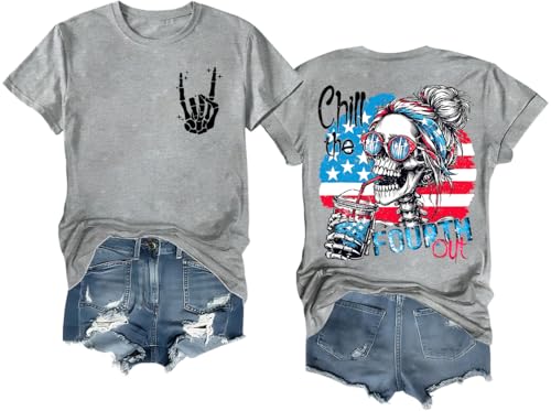 Chill The Fourth Out Shirt Chill The Fourth Out Funny Skeleton 4th of July Patriotic T-Shirt Graphic Tee Grey