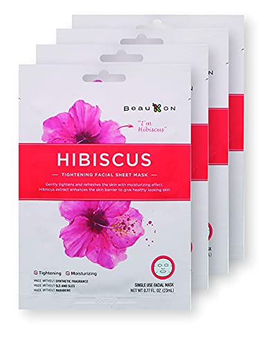 BeauKON Hibiscus Tightening Facial Sheet Mask, Korean Daily Face Mask, Tightening and Moisturizing 4 Count (Pack of 1)