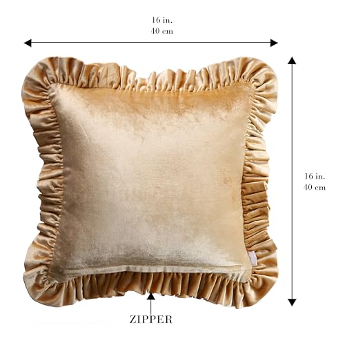 Image of Home - The Best is for You Luxurious Gold Velvet Cushion Covers with Elegant Fringe Lace - Set of 2, 16x16 Inch