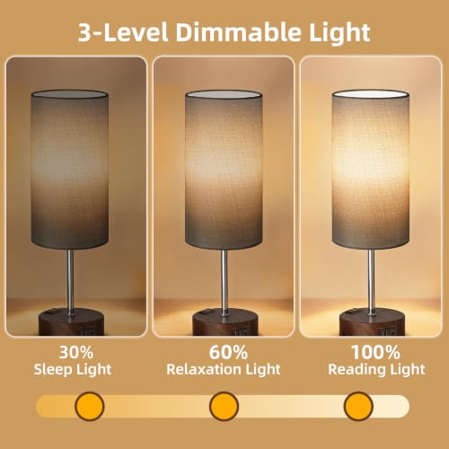 Image of Table Lamp, Dimmable Touch, AC Outlet, USB A+C (Grey&Walnut)