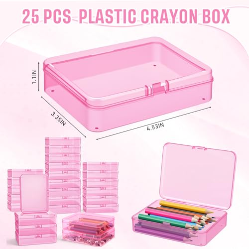 Image of Dunzoom 25 Pcs Plastic Crayon Boxes with Lids, 4.53 x 3.35 x 1.1 Inches Stackable Small Storage Organizer Containers Crayon Pencil Case for Art Crafts Jewelry Beads Office Supplies(Pink)