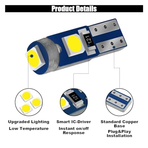 Image of GLSOWEE T5 LED Bulbs, 74 73 37 2721 LED Bulb 12 Volt Replacement, White | 3030 SMD Bright Canbus Error-Free, Fit for Auto Car Gauge Cluster Dashboard Light Bulb Instrument Panel Indicator Lights Lamp