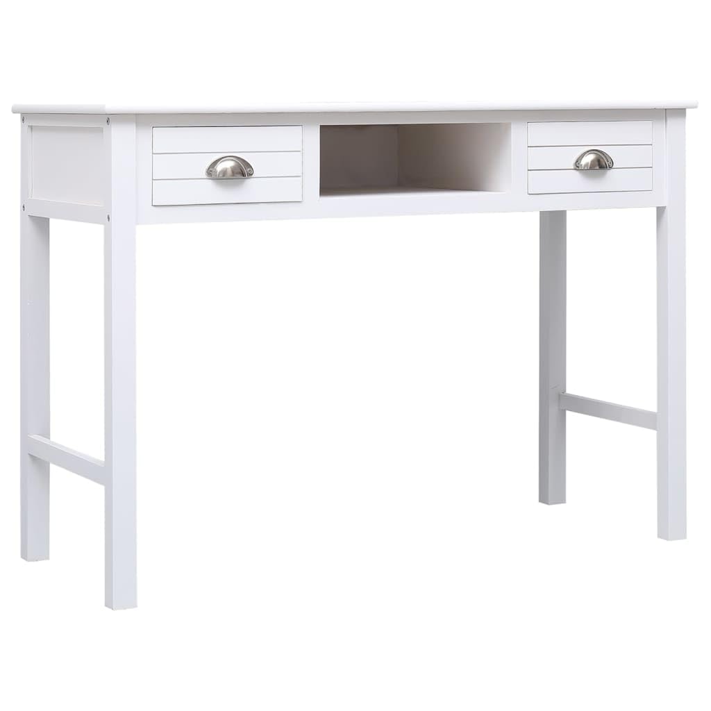 Escritorio de madera maciza Paulownia, color blanco, 108 x 45 x 76 cm, mesa de oficina con 2 cajones y compartimento abierto, mesa de ordenador con amplia superficie de trabajo para