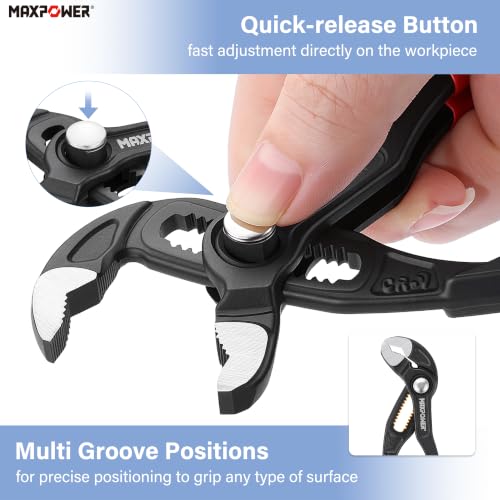 Image of MAXPOWER 5-Inch Tongue-and-Groove Pliers, 0.98 inch Jaw Opens V Jaw Mini Pliers | Quick Release Push Button Adjustable Pliers, Serrated Teeth, Comfortable Grips