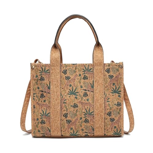 Bolso cruzado de corcho natural con estampado floral, bolso de cuero vegano con correas para el hombro, 34,5 x 28 x 12,5 cm, leopardo marrón, Large