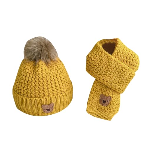 Generisch Invierno cálido algodón interior sombrero bufanda conjunto 3 a 12 años de edad niños niñas bebé gorro de lana dos conjuntos, amarillo, Talla única