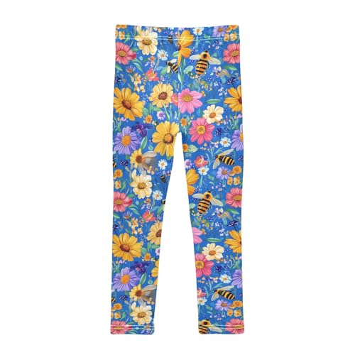 Wusikd Bees Flowers Girls' Leggings Toddler Doodles Blue Kids Yoga Pants Dance Active Tights 4T2