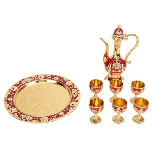 Restokki Vintage Zinc Alloy Wine Pot Set Exquisite Carving Coffee Pot Tray Kit for Home Party Decoration (Gold Red)