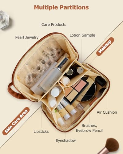 Travel Makeup Bag Gift for Women, Soft PU Leather Cosmetic Bags, Waterproof Toiletry Bag, Portable Wide Open Pouch, Travel Cosmetic Bag with Divider and Handle, Medium, Brown2
