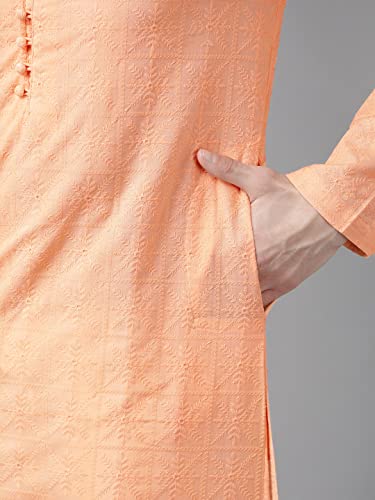 Image of See Designs Men Peach Pure Cotton Chikankari Embroidered Straight Kurta