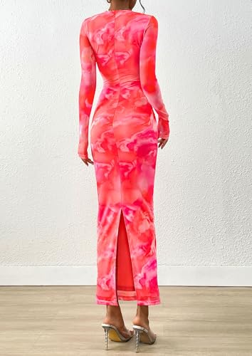 PRETTYGARDEN Fall Wedding Guest Dresses for Women 2025 Long Sleeve Ruched Sexy Bodycon Floral Mesh Cocktail Party Maxi Dress