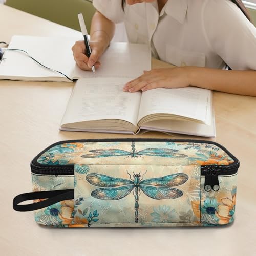 Image of Dragonfly Flower Girls Pencil Case for Women Aesthetic Pencil Pouch Large Storage,Pencil Container for Elementary Kids Children Pencil Bag for Boys Adults Men Box Pencil Handbag