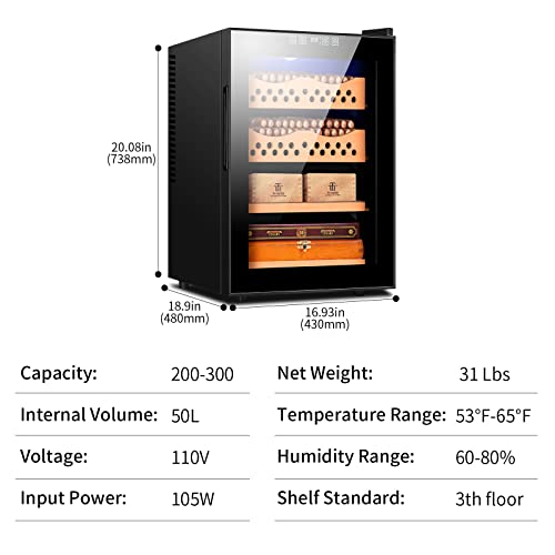 Hancigar 50L Touch Control Stainless Cooler Humidor, 200 Count Capacity, 4 Layer Wooden Shelves, Glass Door Household Humidor | Temperature Control #TOP5