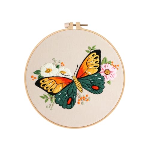 Image of TOPPROSPER Butterfly Embroidery Material Cross Stitch, Hand Embroidery Beginner DIY Set, Including Floral Patterns, Embroidery Rings, Thread and Needle (Green)