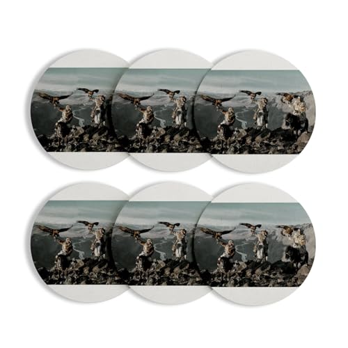 sous Verre Ronds Base Liège- 3 Chasseurs Mongolie Aigles Montages Vallee Photo Exceptionnelle - Lot de 6 (95 x 95 mm)