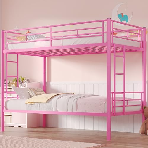 VECELO Bunk Bed Twin Over Twin, Metal Bunkbeds with Ladder and Full-Length Guardrail, No Box Spring Needed, Space Saving, Noise Free, Light Pink