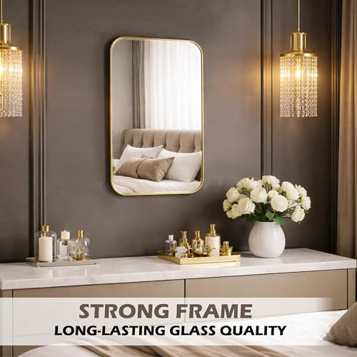 Image of Rousrie Premium Glass Wall Mirror with Golden Frame, Big Size 24x18 Inches, for Bathroom, Living Room, Washbasin