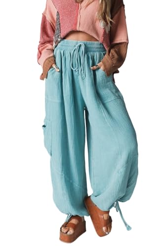 Urchics Womens Casual Pants Mist Blue Drawstring Waist & Ankle Pocketed Loose Fit Harem Pants