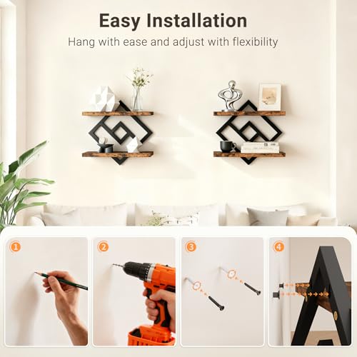 Image of ELYKEN Floating Shelves for Wall, Set of 2 Hanging Shelves, 2-Tier Wall Mounted Storage Shelves for Books & Decor, Perfect for Living Room, Bedroom, Kitchen, Home Office, Study, Rustic Brown