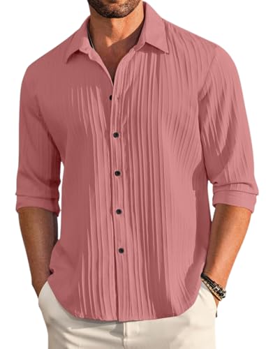 Image of FINIVO FASHION Men's Casual Cotton Plain Button Down Shirt Long Sleeve Textured Summer Beach Shirt for Men