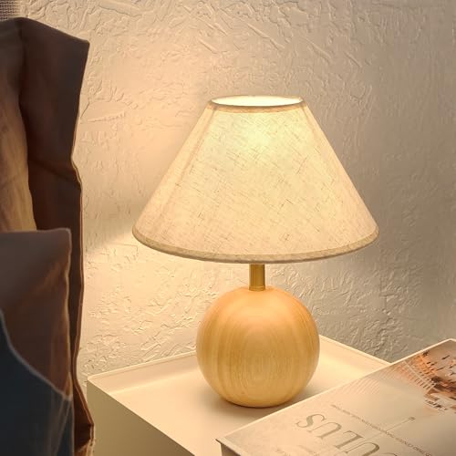 Image of Wood Table Lamp for Bedroom, Flaxen Fabric Shade Small Desk Lamp for Living Room,Decor Ambient Bedside Lamps for Night Stands,LED Bulb (not Included)