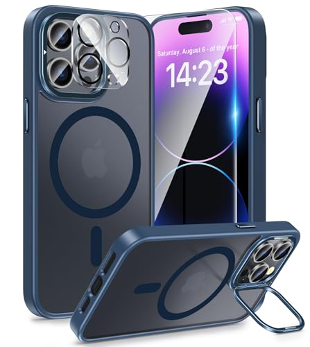 Image of FNTCASE for iPhone 14 Pro-Max Case: Magnetic Slim Matte Protective Case with Kickstand | Shockproof Drop Full Protection Anti-Fingerprint Thin Translucent Frosted Phone Cover(Blue)