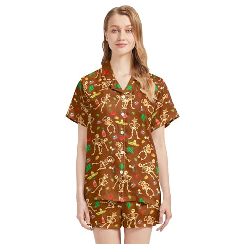 Image of Funny Pajamas for Women Set Print Satin Loungewear Pjs Short Sleeve Button Down Top and Shorts Sets Sleepwear XS-3XL