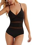 Lomitti Women's Retro Mesh One Piece Swimsuit Tummy Control Bathing Suit Beach Swimwear (L, Black)