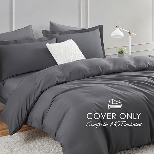 Image of Hearth & Harbor Dark Grey Duvet Cover with Fitted Sheet Cal King Size | 4 Piece Soft Double Brushed Bedding Set, Button Closure, 1 Duvet Cover 104x98 Inches, 1 Fitted Sheet, 2 Pillow Shams