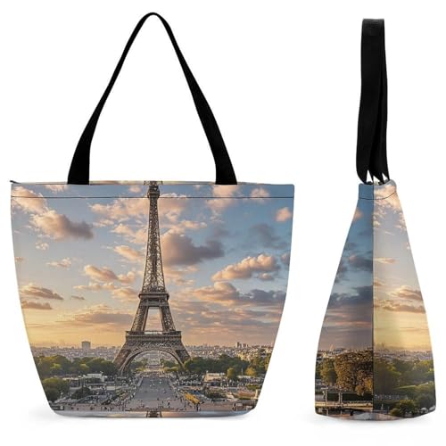 Women Tote Bags with Handles French Paris Tour Eiffel Tower Shoulder Bag with Zipper Handbags Shopping Bags Travel Bag Beach Bag Reusable Grocery Bag for Swim Holiday Gift