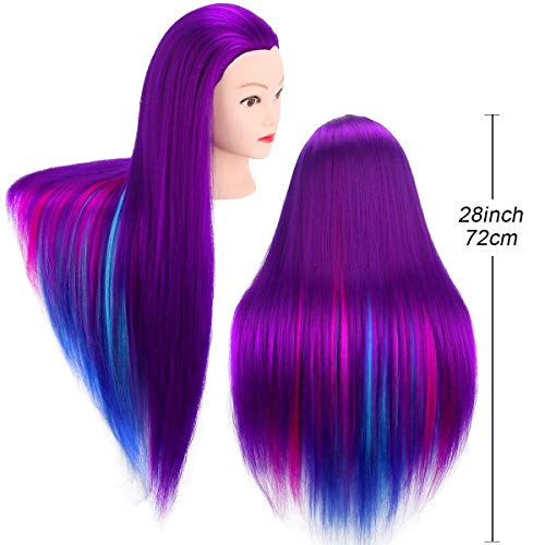 Mannequin Head with Hair, MYSWEETY 28" Mannequin Head Hair Styling Training Head Manikin Cosmetology Doll Head Synthetic Fiber Hair with Table Clamp & Braiding Kit purple - Thumbnail 2