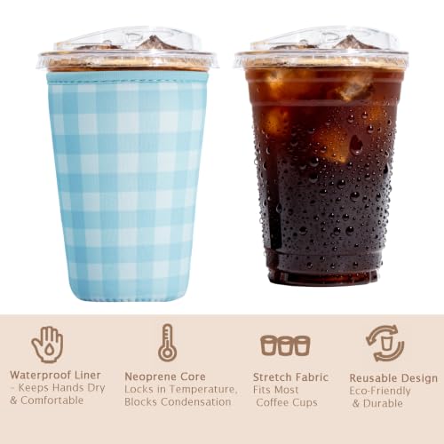 Image of Reusable Insulated Sleeve for Iced Coffee Cup, 3-Pack Coffee Neoprene Drink Sleeve for Cold & Hot Drinks, Beverage Holder for Iced Coffee (Soft Blue Gingham)