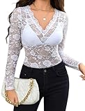 Avidlove Lace Long Sleeve Top for Women Lace Shirt Mesh Tops Deep V Neck Sexy Blouses Floral Lace Tee Shirt White M
