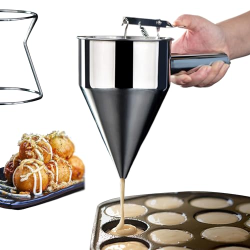 Stainless Steel Pancake Batter Dispenser: 40oz Batter Dispenser with Stand and Squeeze Handle, Piston Funnel Dispenser for Baking Pancake, Cupcake, Candle Wax Pourer