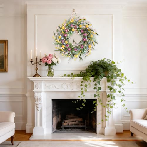 Egolot 22" Spring Summer Wreath for Front Door - Colorful Wildflower Wreath with Lavender & Forsythia, Everyday Floral Wreaths for Front Door Outside, Spring Door Wreath for Indoor Home Decor by egolot - Used condition - Image 3