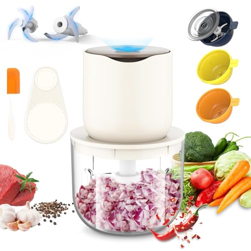 Image of AEXERO 600+240+240+240ml Large Capacity Vegetable Chopper Electric for Kitchen, 2 Stainless Steel Blades, One Touch Operation, for Mincing Garlic and More, 100 Watt (4 Food-Grade Containers)