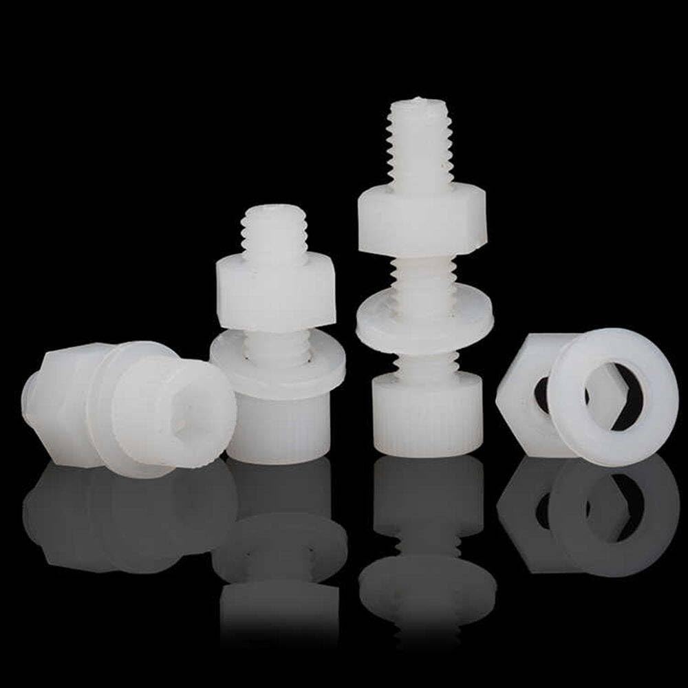 10juegos M8×100mm Tornillos de la tapa de la cabeza del enchufe de plástico de nylon blanco traje de tres piezas (incluyendo tuerca hexagonal, arandela plana)