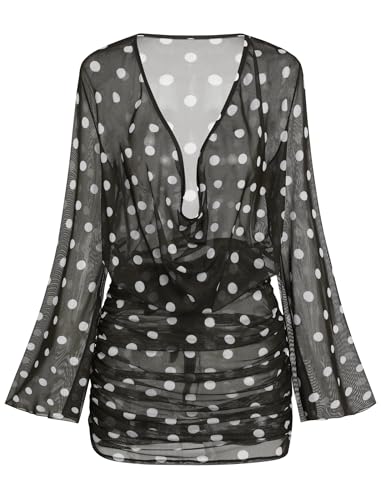 Image of ZAFUL Womens Swimsuit Cover Up Dress Draped Neck Tie Waist Coverup Bathing Suit Mesh Swim Beach Dress