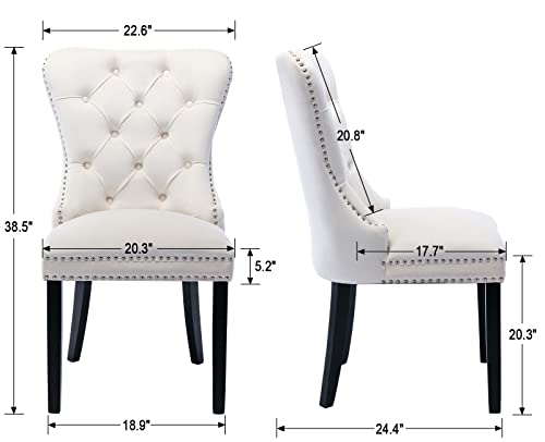 Velvet Button Tufted Wingback Dining Chairs, Mid Century Fabric Upholstered Solid Wood Hostess Parsons Dining Chairs With Nail Heads, Set Of 2, Ivory #TOP2